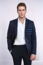 Double Buttons Knit Collar Mono Lapel Navy Blue Jacket-Wessi