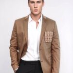 Double Buttons Knit Collar Mono Lapel Tan Jacket-Wessi