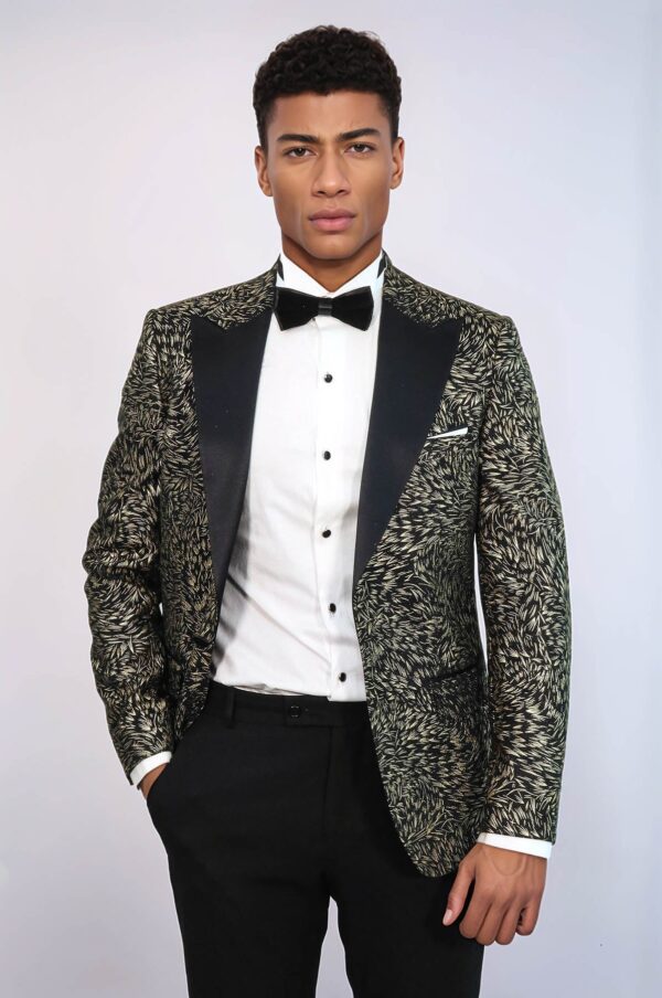 Feather Patterned Slim Fit Black Men Party Blazer - Wessi