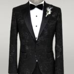 Floral Patterned Peak Lapel Black Tuxedo Blazer - Wessi