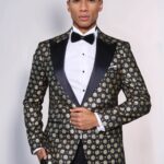 Floral Patterned Peak Lapel Black with Gold Embellished Dinner Jacket - Wessi