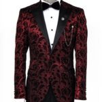 Floral Patterned Peak Lapel Burgundy Men Party Blazer - Wessi