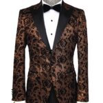 Floral Patterned Peak Lapel Gold Men Singer Party Blazer - Wessi