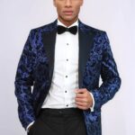 Floral Patterned Peak Lapel Navy Blue Men Stage Singer Jacket - Wessi
