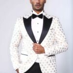 Floral Patterned Peak Lapel White Men Wedding Tuxedo Blazer - Wessi