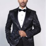 Floral Patterned Shiny Peak Lapel Black Men Dinner Jacket - Wessi