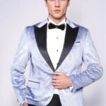 Floral Patterned Velvet Blue Men Wedding Grooms Blazer - Wessi