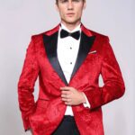 Floral Patterned Velvet Burgundy Men Tuxedo Jacket - Wessi