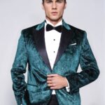 Floral Patterned Velvet Green Men Evening Jacket - Wessi
