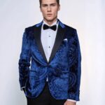 Floral Patterned Velvet Navy Blue Men Tuxedo Blazer - Wessi