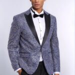 Flower Embroidered Pattern Navy Blue Men Party Blazer - Wessi