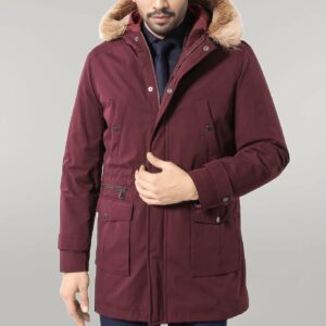 Fur Hooded Burgundy Men Coat - Wessi