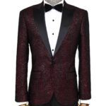 Gingham Patterned Glittery Burgundy Men Prom Party Blazer - Wessi