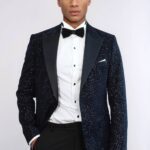 Glitter Floral Patterned Navy Blue Men Wedding Tuxedo Blazer - Wessi