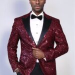 Glitter Pattern Burgundy Men Prom Blazer - Wessi