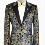 Gold Blue Patterned Over Navy Blue Men Tuxedo Blazer - Wessi