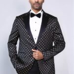 Gold Diamond Pattern Over Black Tuxedo Blazer - Wessi
