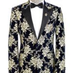 Gold Floral Patterned Navy Blue Men Party Blazer - Wessi
