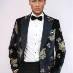 Gold Floral Patterned Shiny Black Men Party Tuxedo Blazer - Wessi