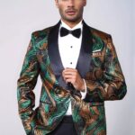 Gold-Green Patterned Over Black Men Stage Performers Jacket - Wessi
