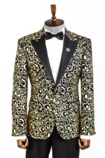 Gold Patterned Over Black Men Evening Dinner Jacket