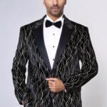 Gold Patterned Over Black Velvet Men Evening Tuxedo Blazer - Wessi