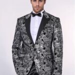Gold Patterned Over Grey Men Party Blazer - Wessi