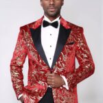 Gold Patterned Over Red Men Stage Tuxedo Blazer - Wessi
