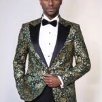 Gold Rose Patterned Slim Fit Green Men Singer Tuxedo Jacket - Wessi