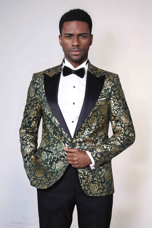 Gold Rose Patterned Slim Fit Green Men Singer Tuxedo Jacket - Wessi