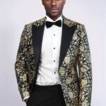 Gold Rose Patterned Slim Fit Navy Blue Men Party Blazer - Wessi