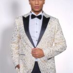 Gold Scroll Patterned Over White Men Wedding Tuxedo Jacket - Wessi
