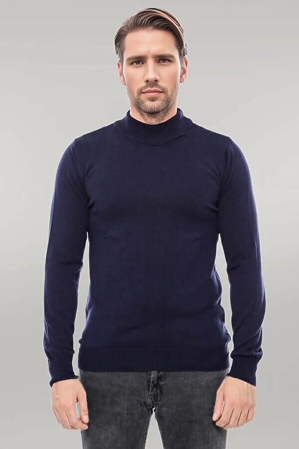 Half Turtleneck Knitwear Navy Blue Men Sweater - Wessi