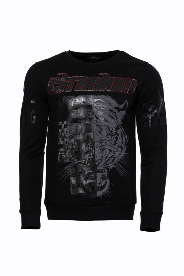 Hooded Silver Grey Tiger Patterned Black Slim Fit Sweatshirt - Wessi