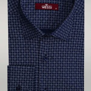 Houndstooth Pattern Slim Fit Navy Blue Men Shirt - Wessi