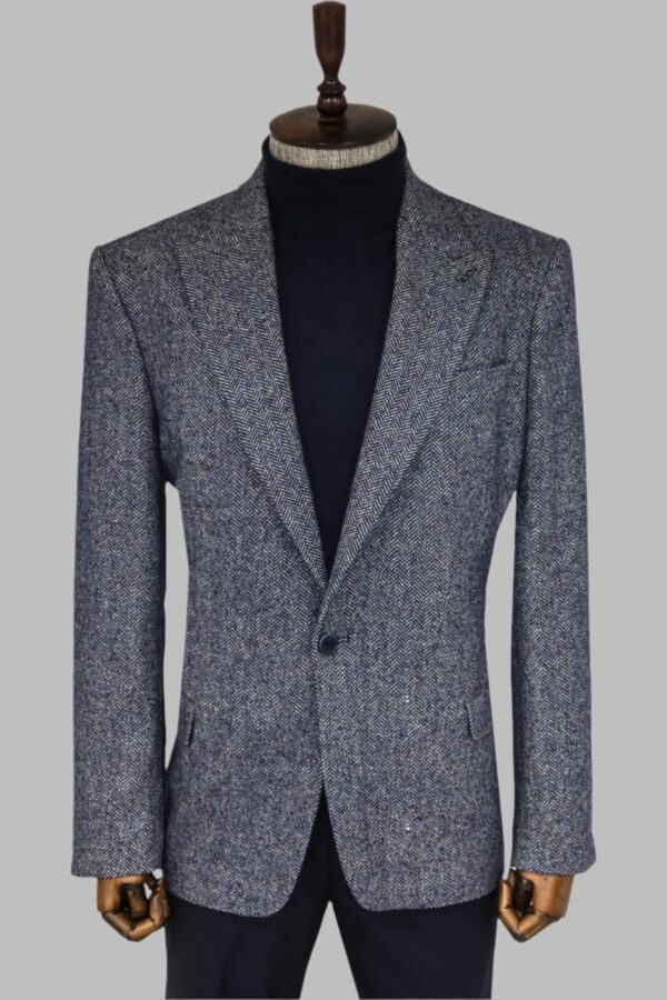 Houndstooth Pattern Wool Blue Men Blazer - Wessi