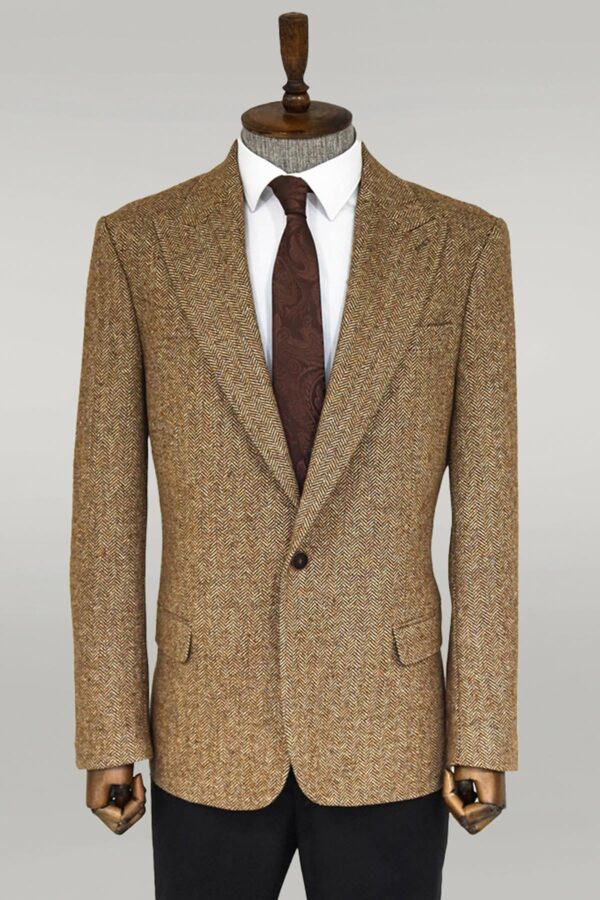Houndstooth Pattern Wool Light Brown Men Blazer - Wessi