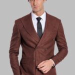 Houndstooth Patterned Brown Men Double Breasted Blazer - Wessi