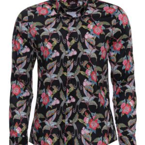 Hummingbird And Floral Patterned Long Sleeves Black Men Shirt - Wessi