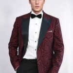 Hypnose Pattern Peak Lapel Slim Fit Burgundy Men Tuxedo Blazer - Wessi