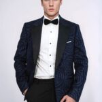 Hypnose Pattern Peak Lapel Slim Fit Navy Blue Men Tuxedo Blazer - Wessi