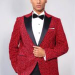 Leopard Pattern Slim Fit Peak Lapel Burgundy Men Tuxedo Party Blazer