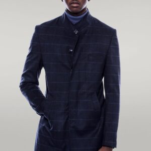 Mandarin Collar Navy Checked Coat - Wessi