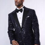 Navy Blue Sequin Patterned Party Blazer | Wessi