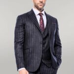 Navy Blue Striped Men's Vested Slim-Fit Suit - Wessi