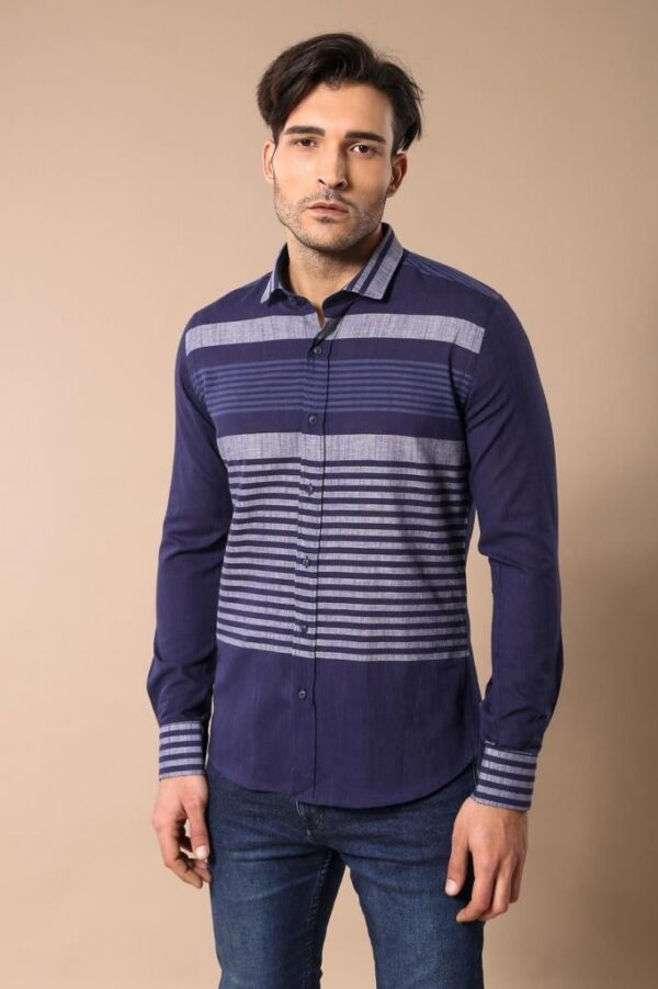 Navy Blue Striped Patterned Shirt - Wessi