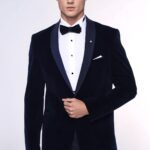 Navy Blue Velvet Dinner Jacket - Wessi
