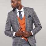 Orange Vested Checked Grey Men Suit - Wessi