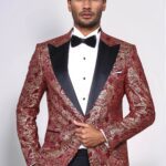Paisley Peak Lapel Burgundy Men Singer Tuxedo Blazer - Wessi