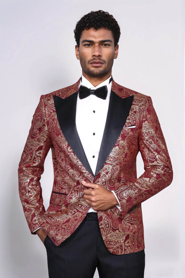 Paisley Peak Lapel Burgundy Men Singer Tuxedo Blazer - Wessi